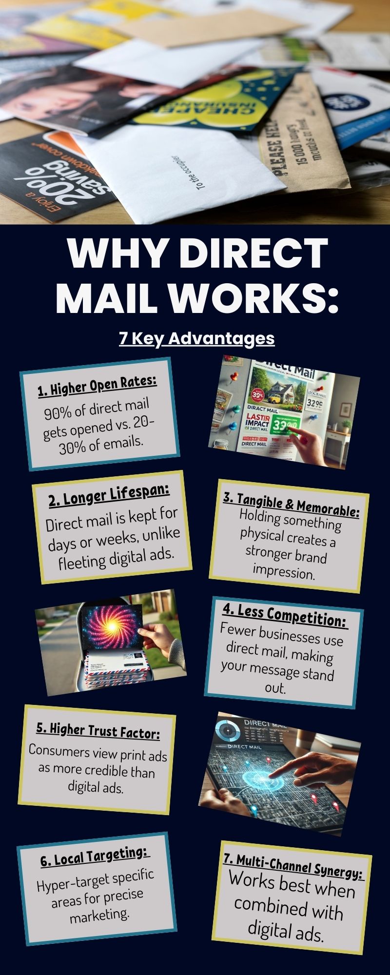Infographic summarizing the top benefits of direct mail marketing in a clean, engaging format. Infographic summarizing the top benefits of direct mail marketing in a clean, engaging format.