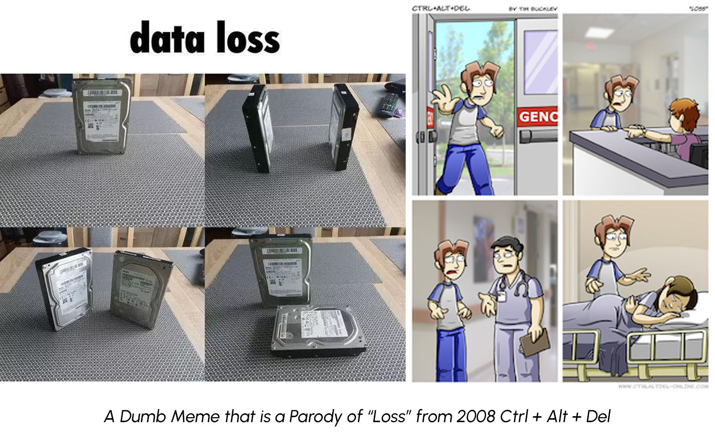 Side-by-side comparison of two four-panel images: on the left, hard drives positioned to mimic human figures in various poses under the title “data loss,” and on the right, the original “Loss” comic from 2008’s Ctrl+Alt+Del showing a man rushing into a hospital to find his partner in a hospital bed, referencing a miscarriage storyline. The caption reads “A Dumb Meme that is a Parody of ‘Loss’ from 2008 Ctrl + Alt + Del.” Side-by-side comparison of two four-panel images: on the left, hard drives positioned to mimic human figures in various poses under the title “data loss,” and on the right, the original “Loss” comic from 2008’s Ctrl+Alt+Del showing a man rushing into a hospital to find his partner in a hospital bed, referencing a miscarriage storyline. The caption reads “A Dumb Meme that is a Parody of ‘Loss’ from 2008 Ctrl + Alt + Del.”