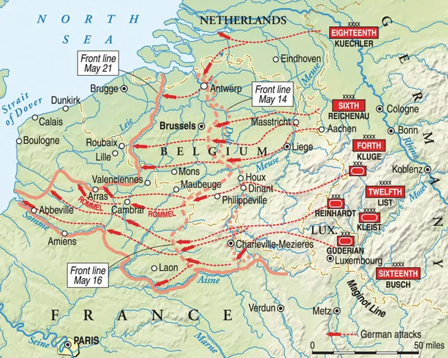 German Panzer divisions bypassing the Maginot Line through the Ardennes in 1940 — adaptability defeating rigidity