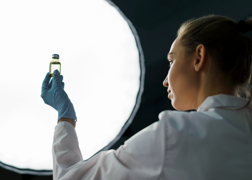 Person in a white lab coat and blue gloves holding a small vial of liquid up to a bright light source, examining its contents in a clinical or laboratory setting.