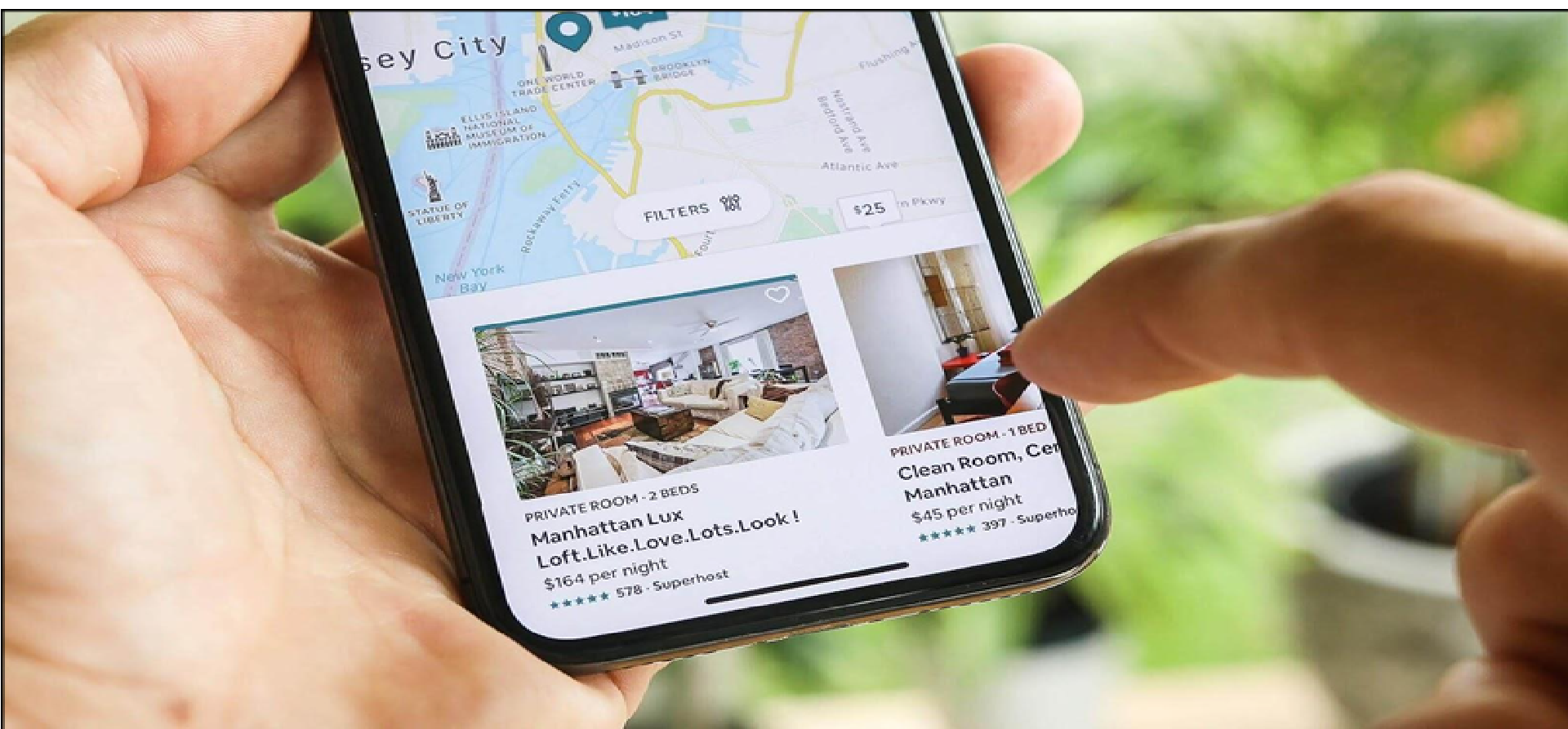 person browsing a short-term rental listing on a smartphone, with clear images, responsive layout, and easy-to-read text, emphasizing mobile-friendly design. person browsing a short-term rental listing on a smartphone, with clear images, responsive layout, and easy-to-read text, emphasizing mobile-friendly design.