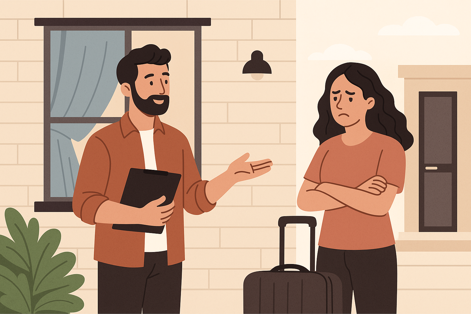 Illustration of an Airbnb host calmly speaking with an upset female guest outside a modern vacation rental. The host holds a clipboard while the guest stands with crossed arms and a suitcase, representing common challenges and communication strategies in short-term rental hosting. Illustration of an Airbnb host calmly speaking with an upset female guest outside a modern vacation rental. The host holds a clipboard while the guest stands with crossed arms and a suitcase, representing common challenges and communication strategies in short-term rental hosting.