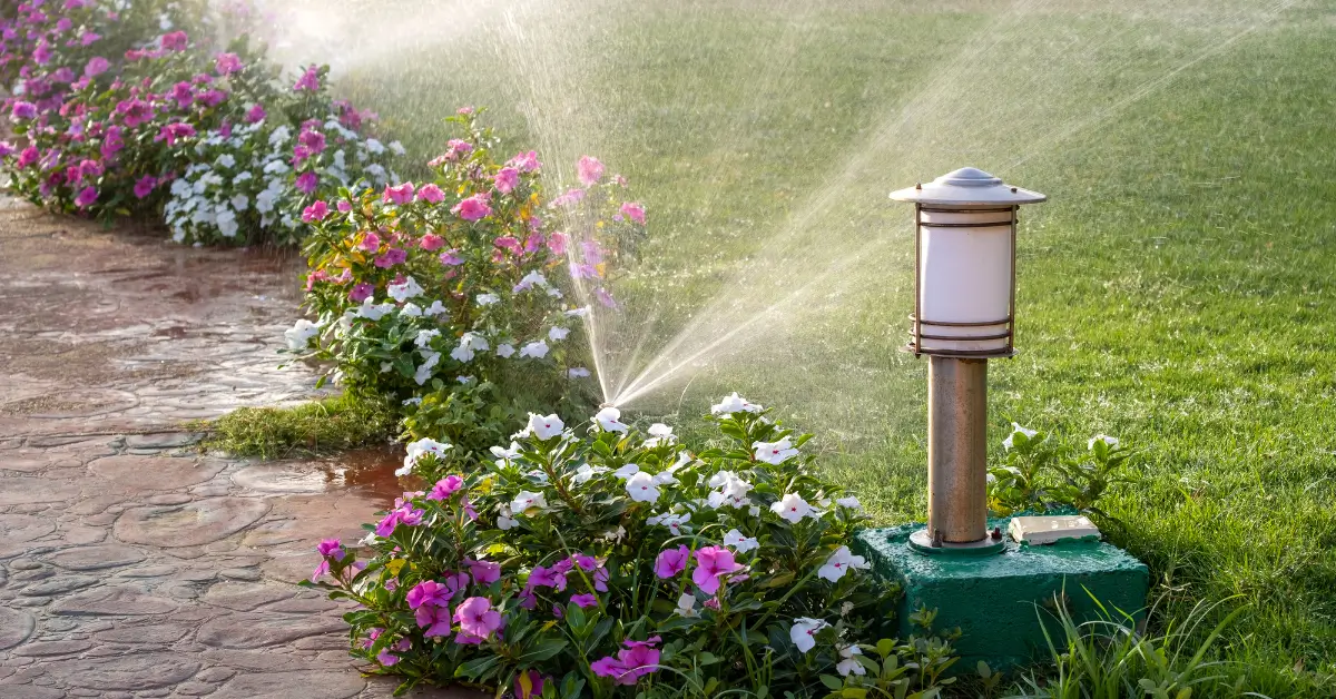 A garden sprinkler waters a flower bed filled with pink and white blossoms alongside a paved walkway, with a decorative outdoor lamp post set in the grass on a sunny day. A garden sprinkler waters a flower bed filled with pink and white blossoms alongside a paved walkway, with a decorative outdoor lamp post set in the grass on a sunny day.
