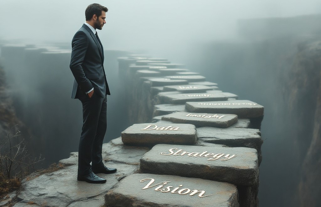Businessman standing at the edge of a cliff, facing a path of stone steps labeled Vision, Strategy, Data, Insight, and other business concepts, symbolizing strategic planning and decision-making in uncertain conditions. Businessman standing at the edge of a cliff, facing a path of stone steps labeled Vision, Strategy, Data, Insight, and other business concepts, symbolizing strategic planning and decision-making in uncertain conditions.