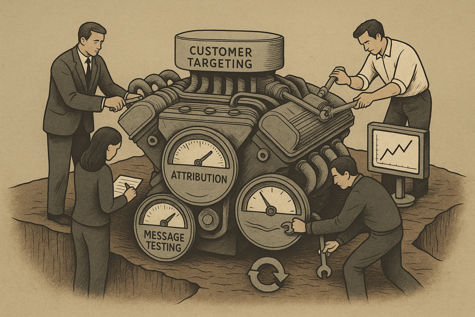 A vintage-style illustration of five marketers tuning a large mechanical engine labeled with “Customer Targeting,” “Message Testing,” and “Attribution.” Each person adjusts a different component while data graphs and gauges indicate performance. The scene symbolizes strategic optimization in marketing through precision and collaboration. A vintage-style illustration of five marketers tuning a large mechanical engine labeled with “Customer Targeting,” “Message Testing,” and “Attribution.” Each person adjusts a different component while data graphs and gauges indicate performance. The scene symbolizes strategic optimization in marketing through precision and collaboration.