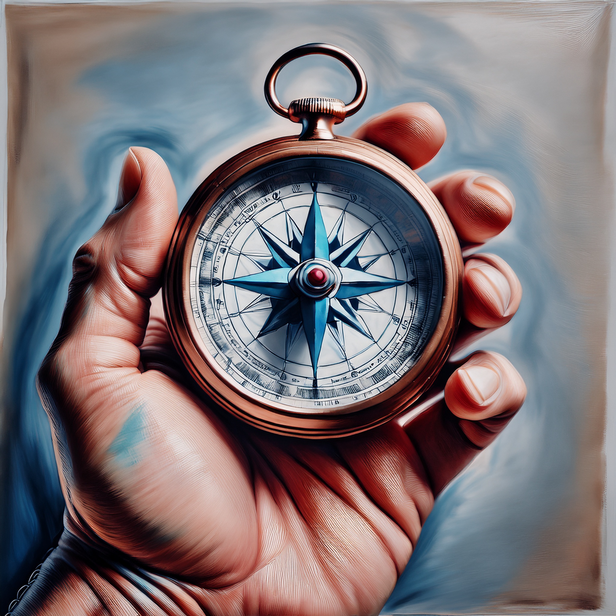 A compass held by a hand pointing slightly off true north. A compass held by a hand pointing slightly off true north.