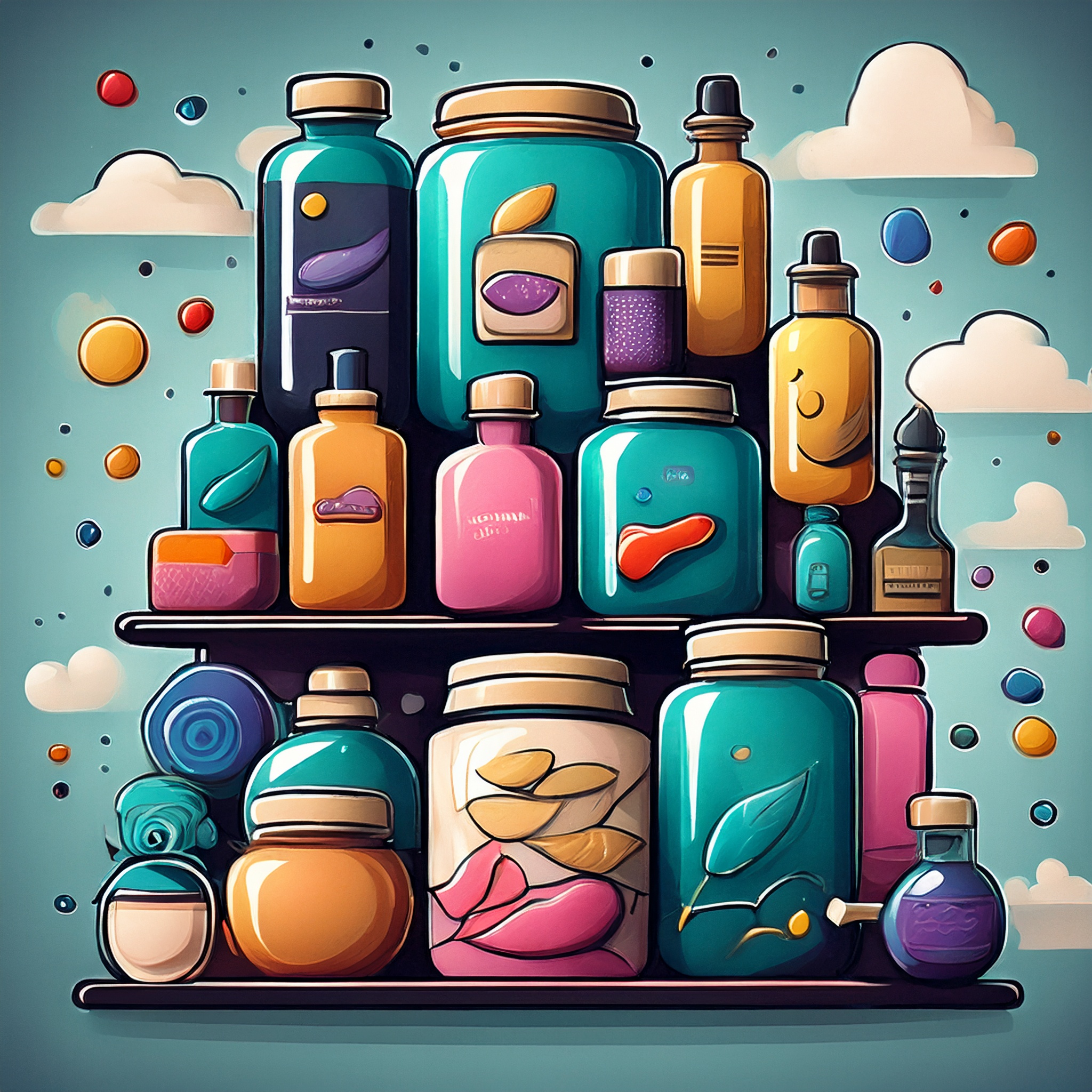 A cluttered product shelf filled with mismatched, trendy items (e.g., stainless steel gua sha, turmeric soap, maximalist packaging, tinned fish in luxury tins). It looks visually chaotic, like a brand trying to be everything at once.