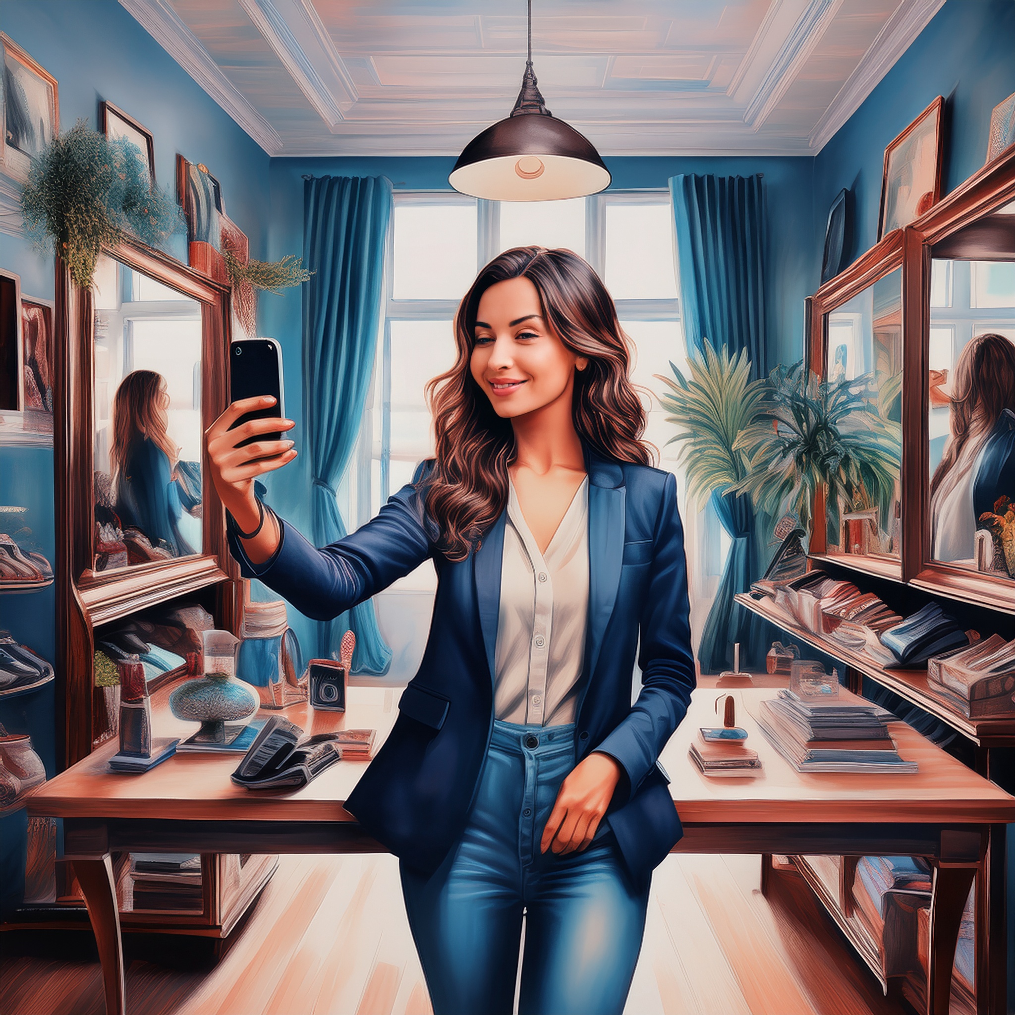 Shopper taking a selfie in a lush, eclectic retail space—velvet curtains, vintage mirrors, soft lighting. Shopper taking a selfie in a lush, eclectic retail space—velvet curtains, vintage mirrors, soft lighting.