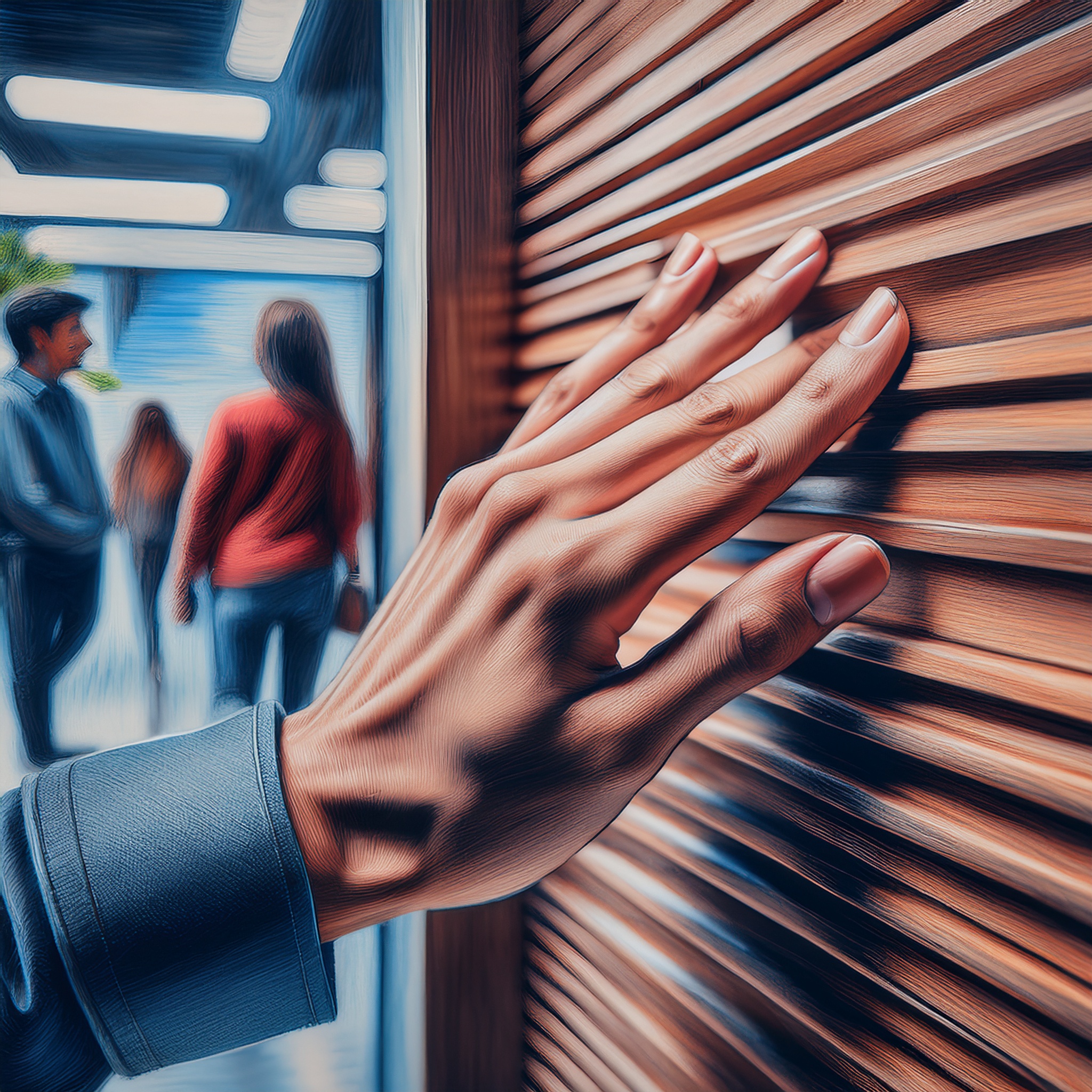 Close-up of a shopper's hand touching a fluted wood panel, highlighting texture and craftsmanship in retail design. Close-up of a shopper's hand touching a fluted wood panel, highlighting texture and craftsmanship in retail design.