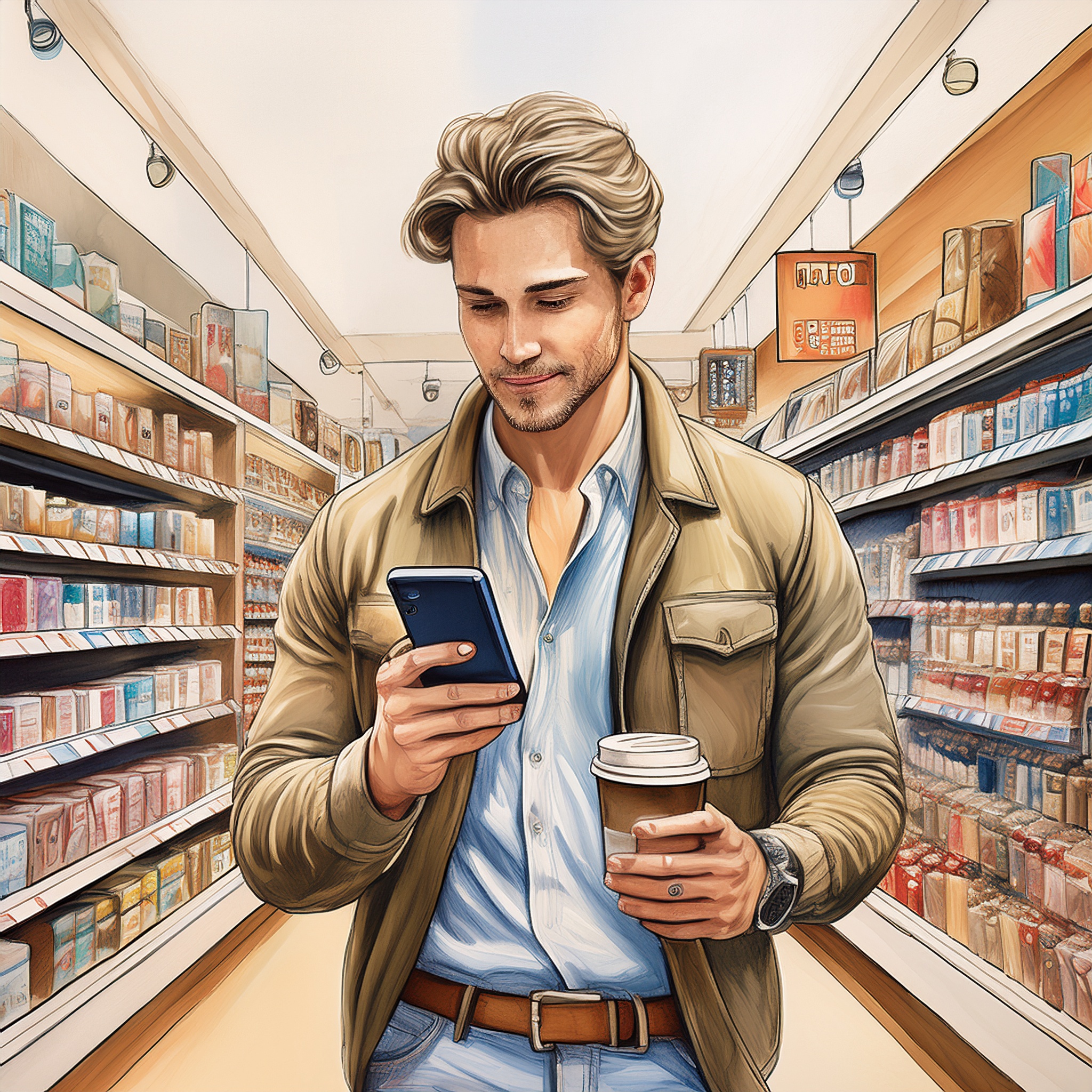 Shopper balancing a phone and drink while browsing niche product displays, reflecting curiosity-driven discovery. Shopper balancing a phone and drink while browsing niche product displays, reflecting curiosity-driven discovery.
