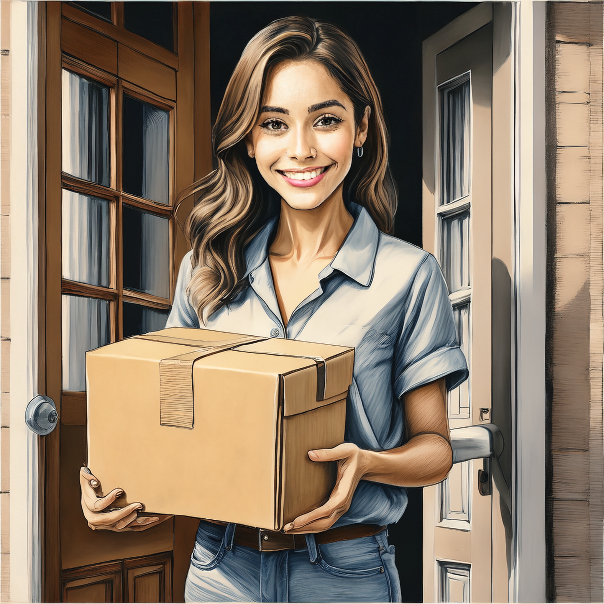 A smiling customer holding a package at their doorstep, symbolizing trust fulfilled. A smiling customer holding a package at their doorstep, symbolizing trust fulfilled.