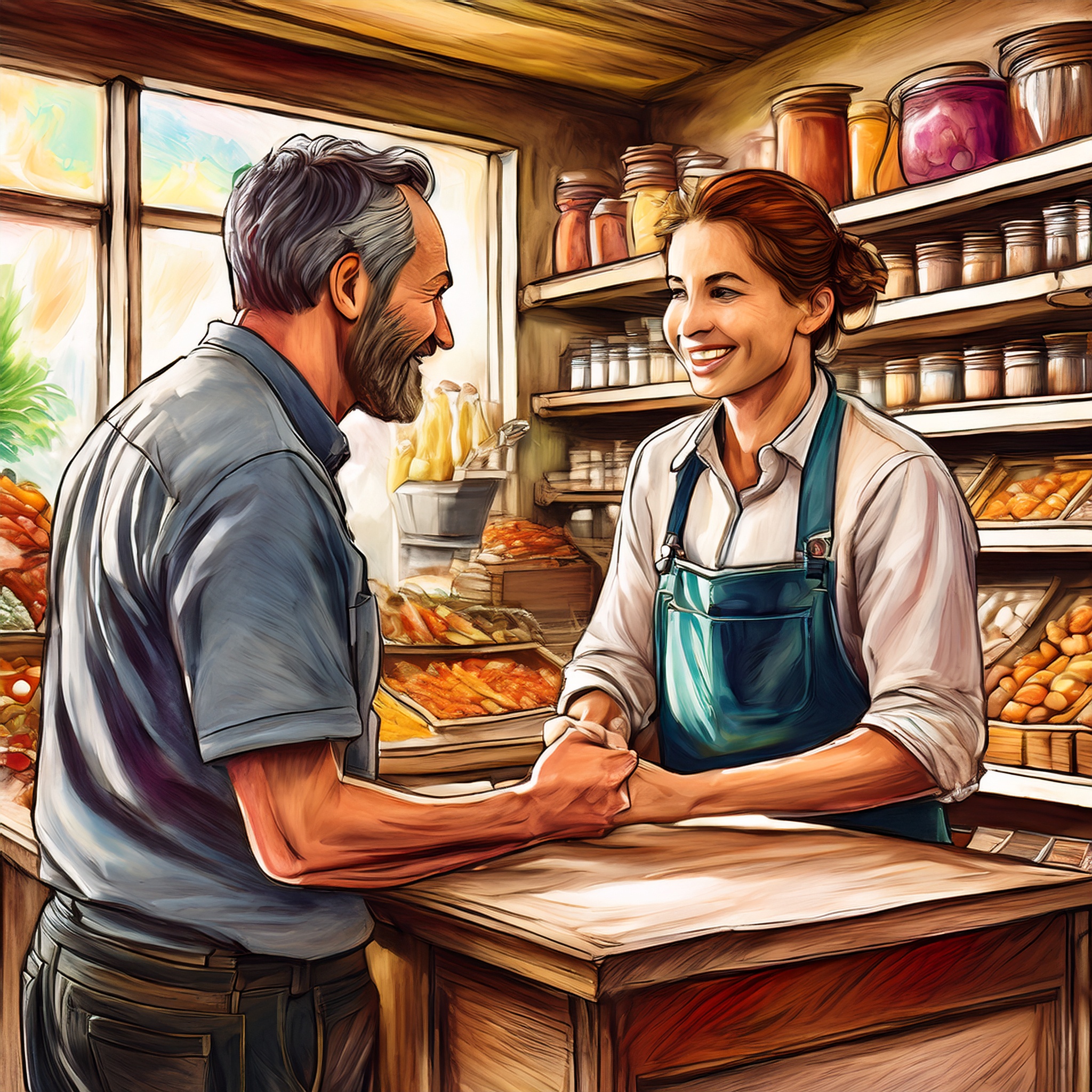 A local shopkeeper interacting warmly with a regular customer. A local shopkeeper interacting warmly with a regular customer.