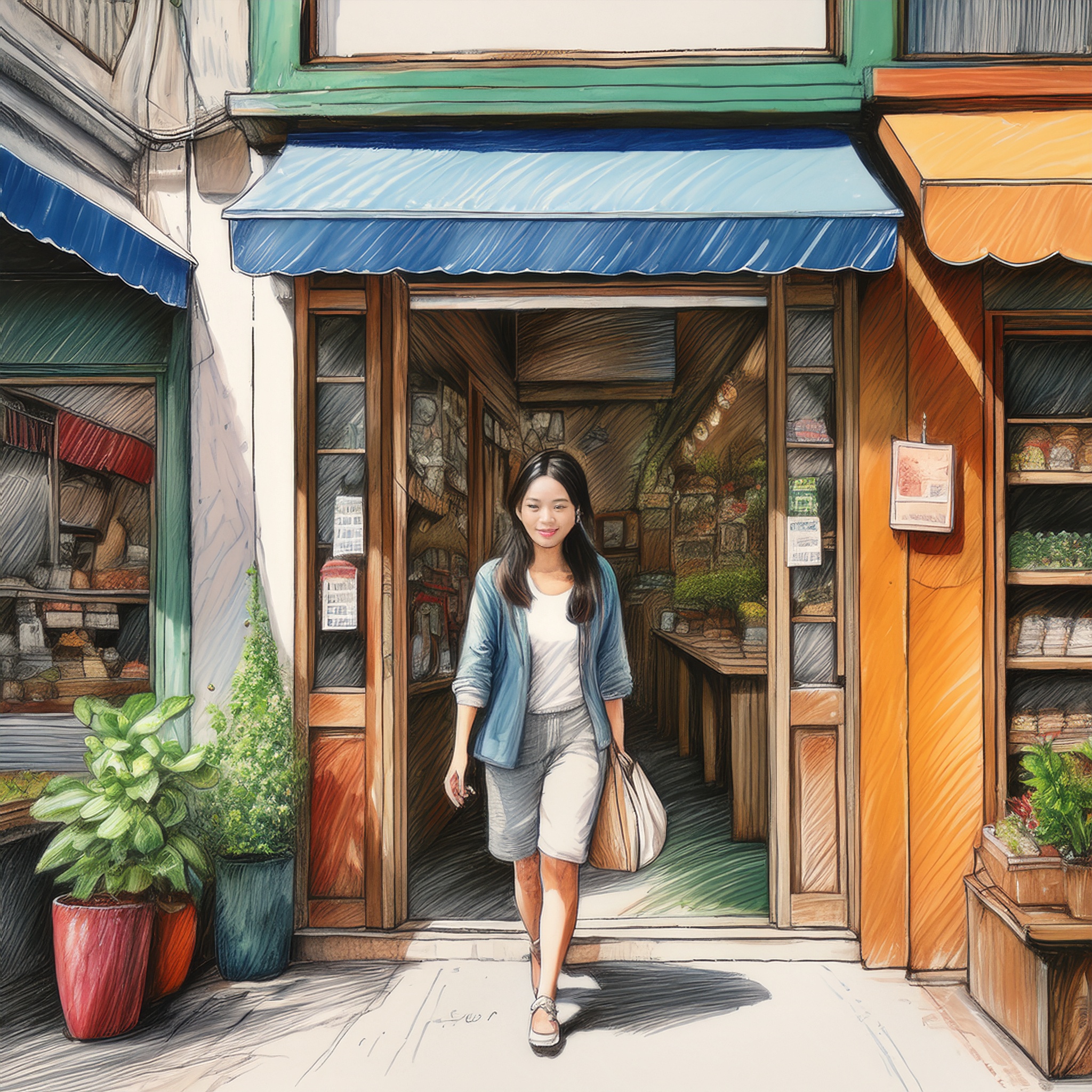 A person walking out of a small shop smiling, conveying connection over transaction. A person walking out of a small shop smiling, conveying connection over transaction.