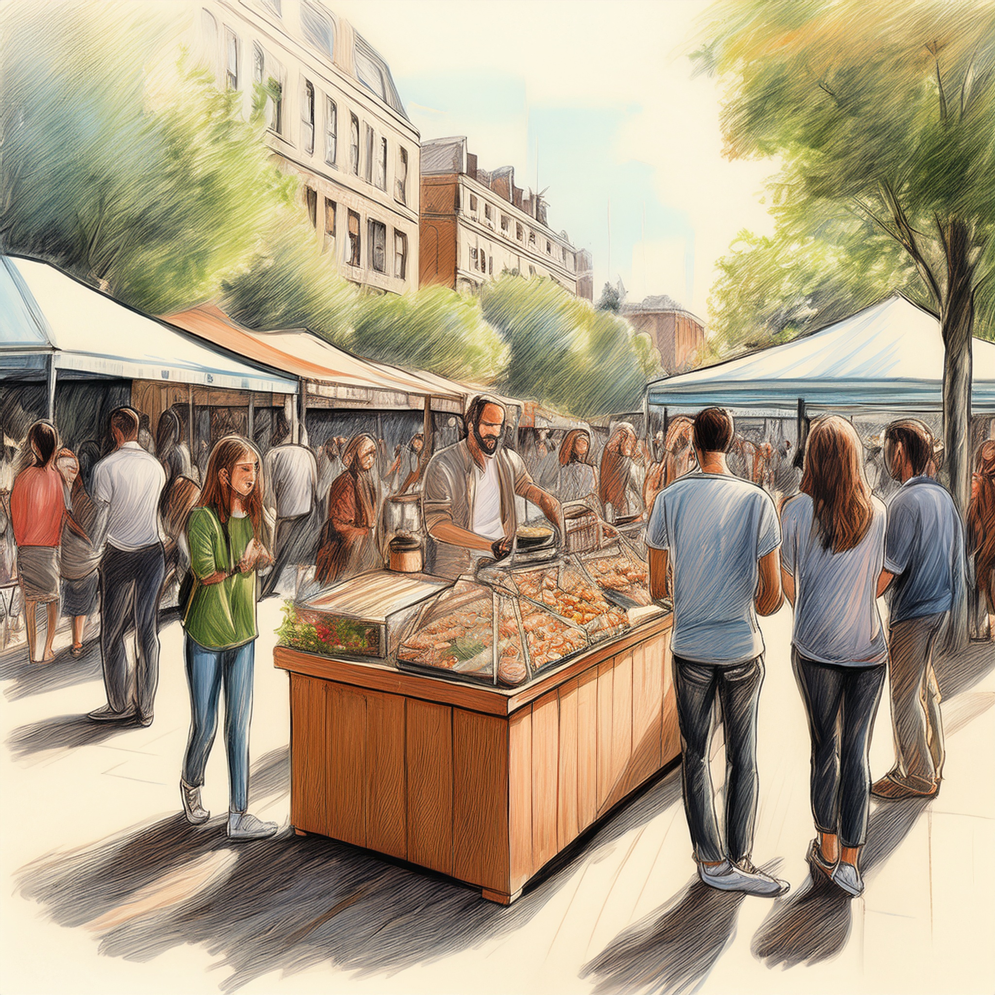 Community event scene — people gathered at a small outdoor market or pop-up, brand stall interacting with visitors, authentic urban setting, natural light.