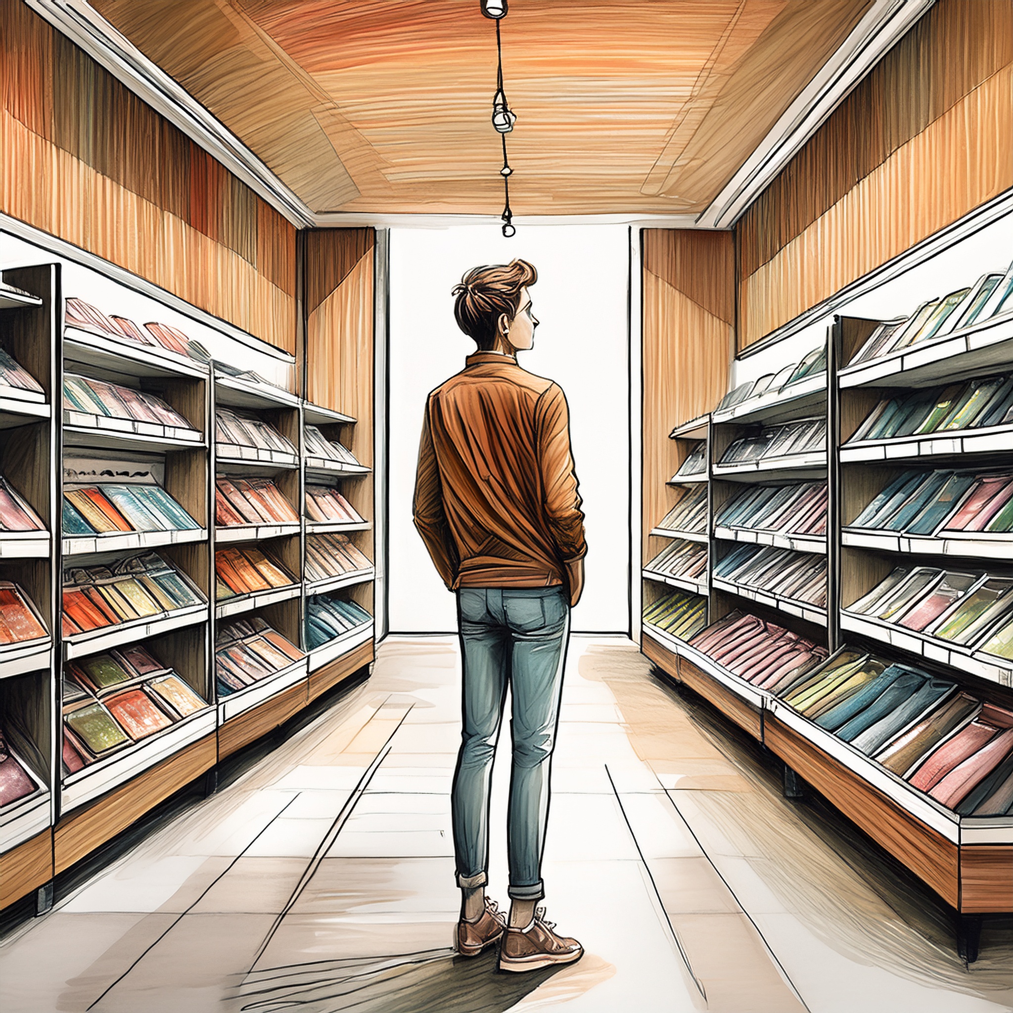 A shopper pausing or reflecting in a minimalist environment, surrounded by open space.