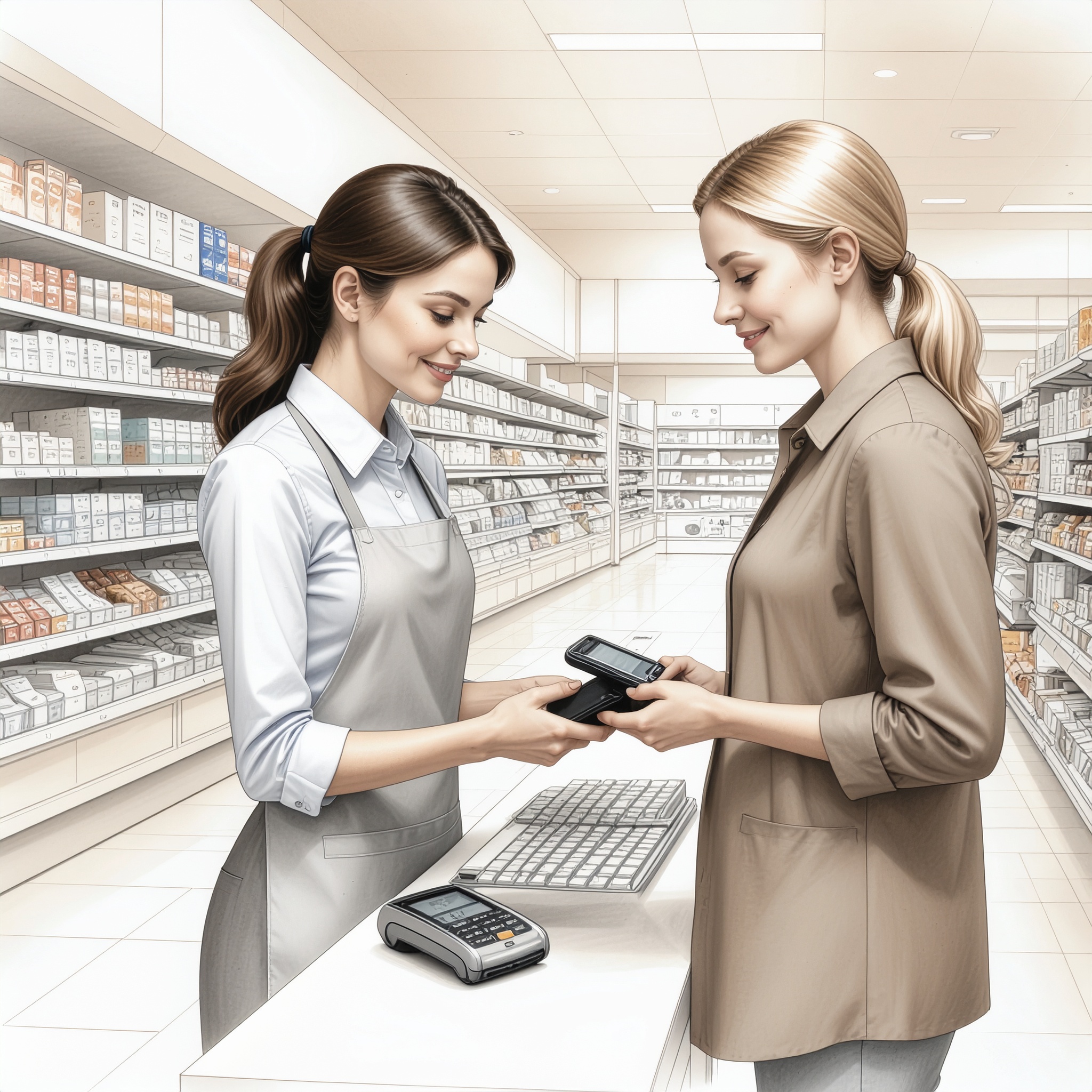 A store associate helping a shopper complete a purchase on a handheld device right where they’re standing.