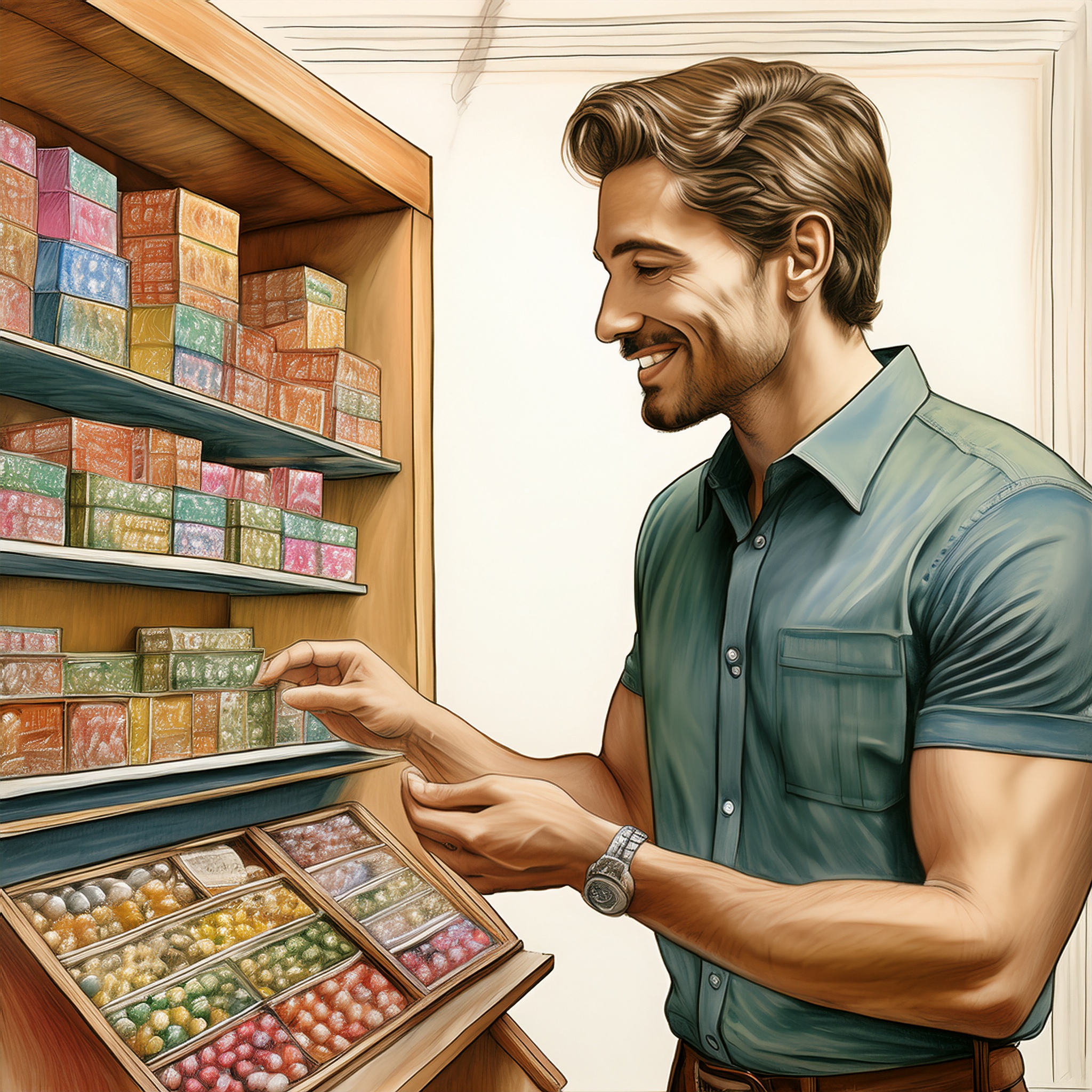 Retail staff assisting a shopper at a curated gift table.