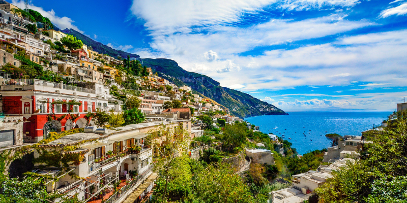 Positano village cascading down the cliffs, overlooking the sea Positano village cascading down the cliffs, overlooking the sea