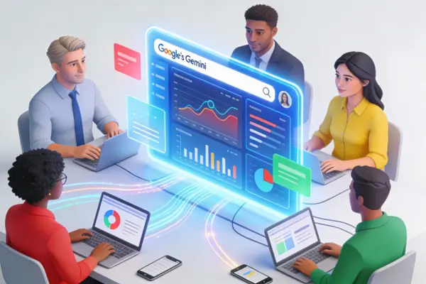 Google Gemini website with many people working on it around it