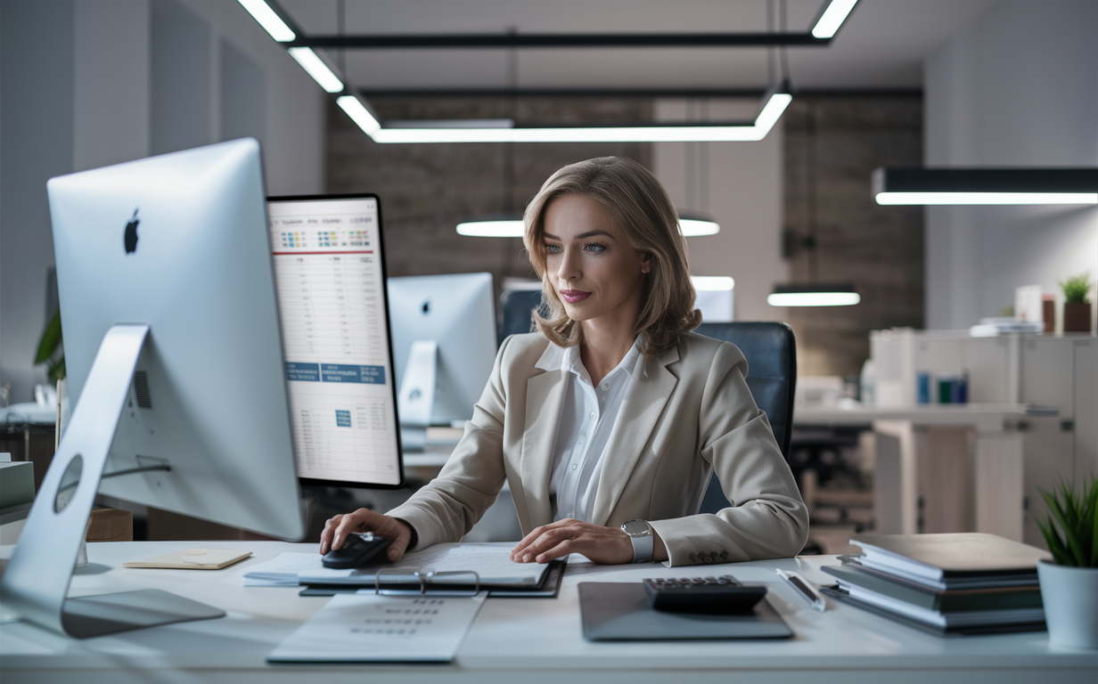 A businesswoman reviewing accounting documents at her desk with computer monitors