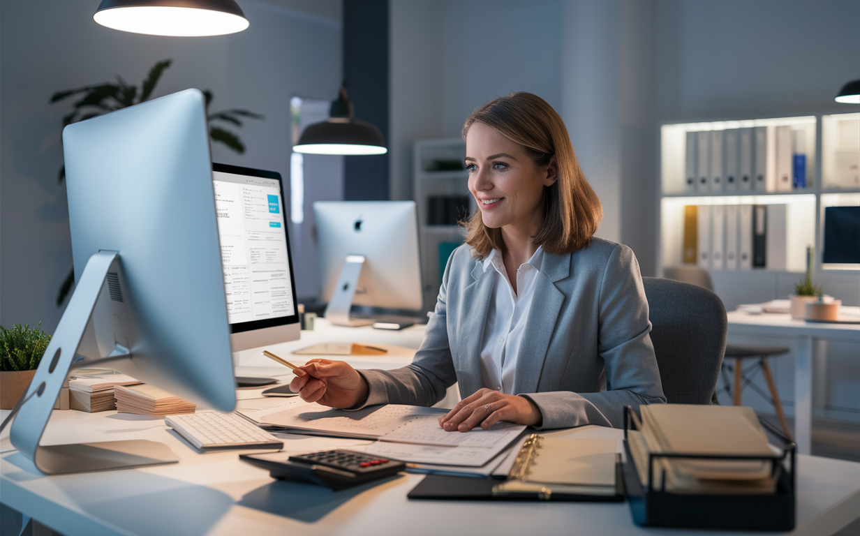 A focused businesswoman in a white blouse is working on accounting and bookkeeping tasks using multiple computer monitors and documents on her desk in a modern office setting.