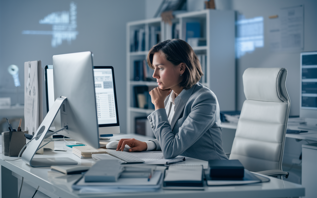 A businesswoman working on accounting tasks at her desk with a computer and documents