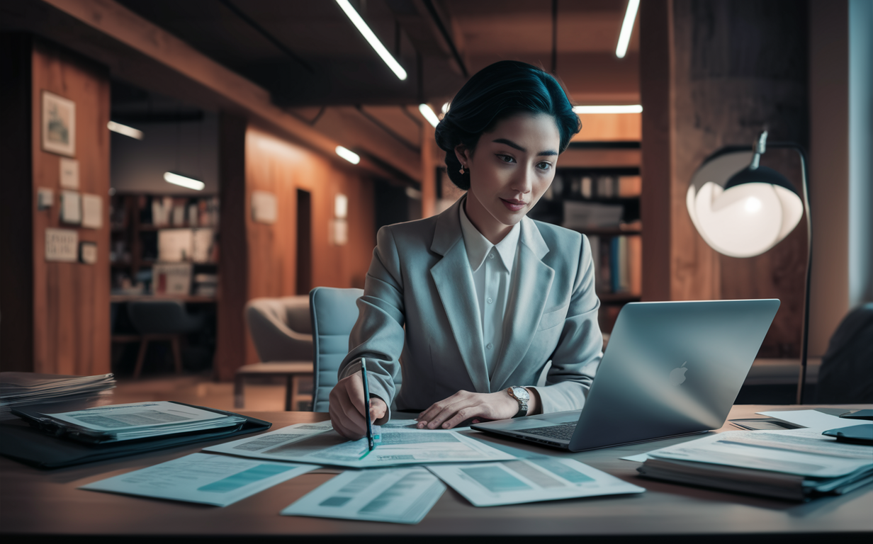 A female professional reviewing financial documents and data on her laptop, likely related to accounting or bookkeeping services for a nonprofit