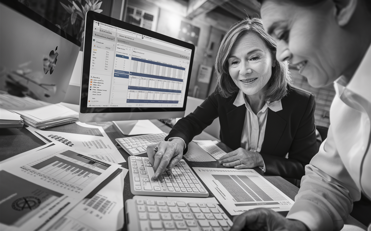 A dedicated accountant working late reviewing financial documents for a nonprofit organization on her laptop in an office setting