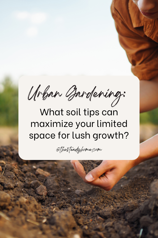 Photo of hands handling soil with text overlay reading: "Urban Gardening: What soil tips can maximize your limited space for lush growth?" and "@thesteadyhome.com" below. Photo of hands handling soil with text overlay reading: "Urban Gardening: What soil tips can maximize your limited space for lush growth?" and "@thesteadyhome.com" below.