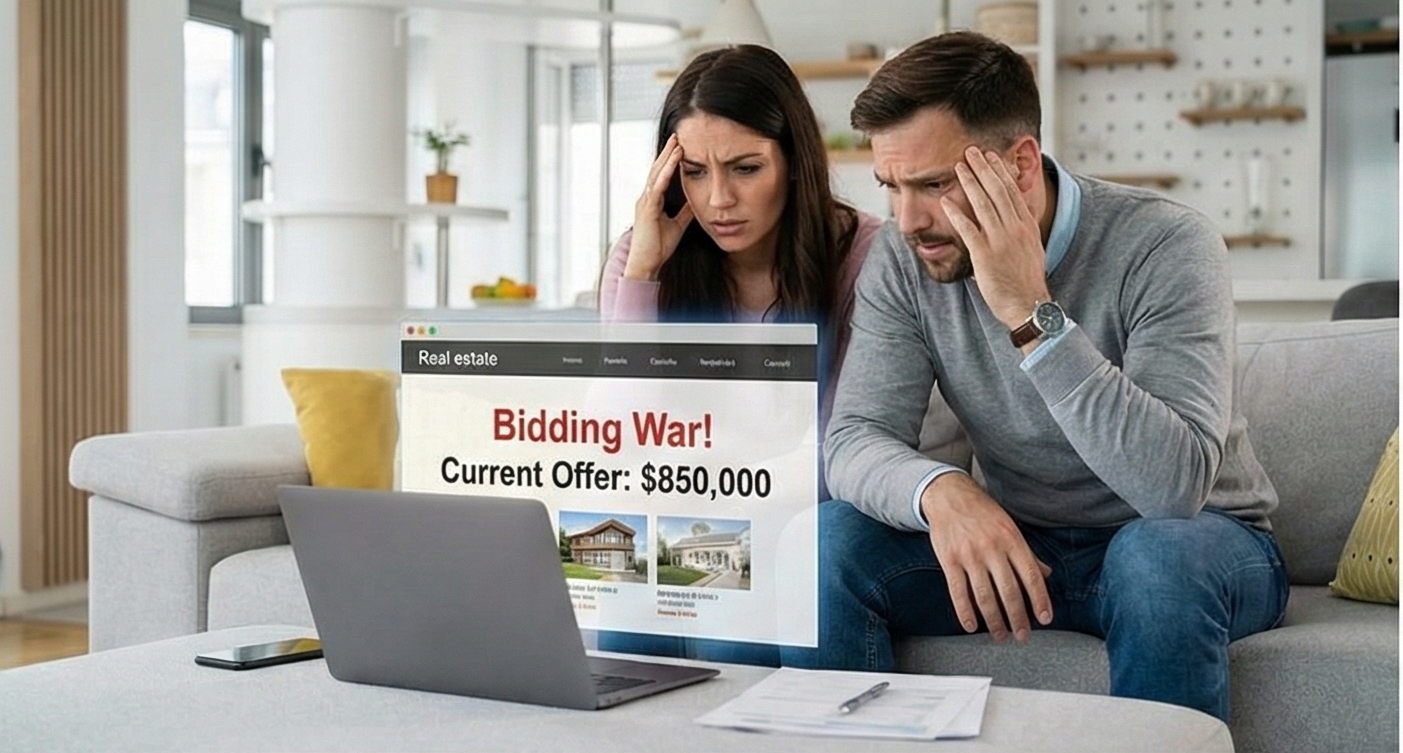 Stressed distressed home buyers facing a bidding war on a retail real estate website, illustrating the difficulty of buying on the open market versus finding foreclosure properties