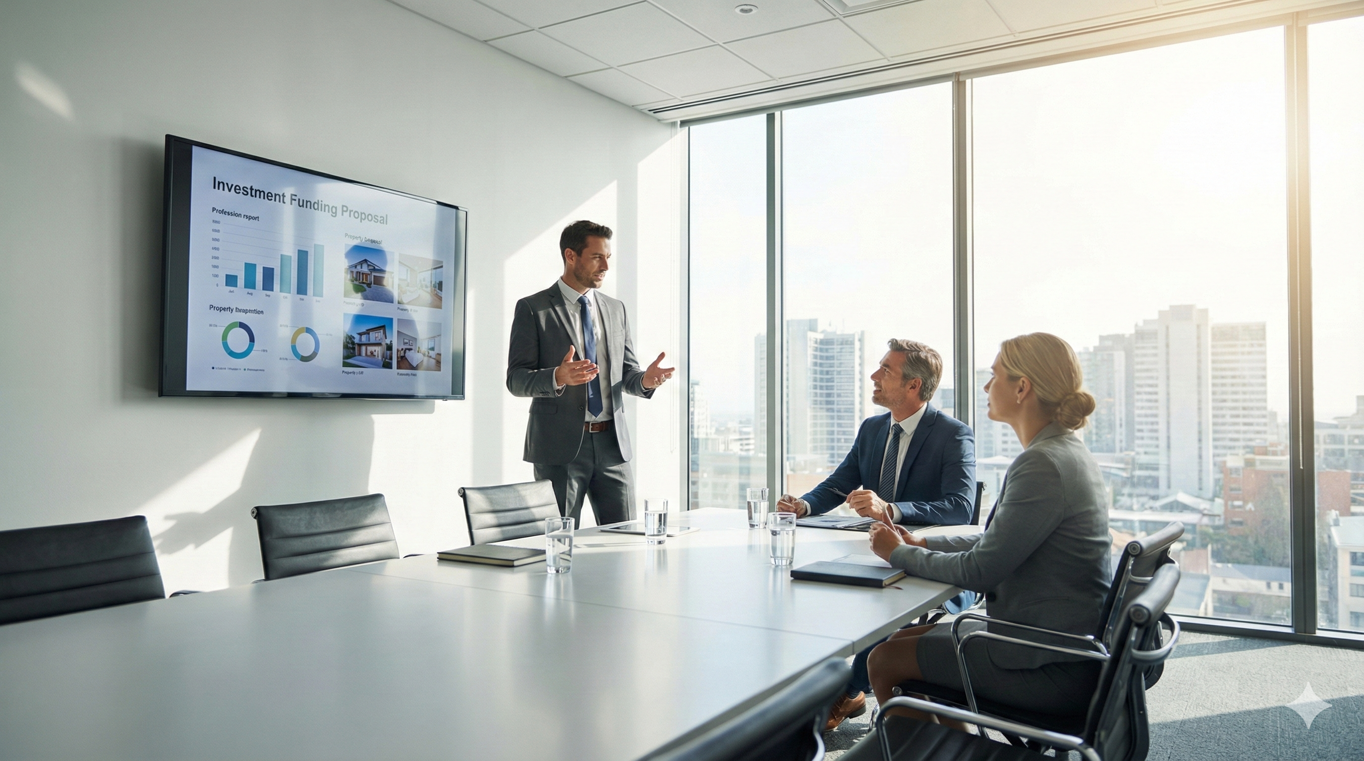 Presenting a professional real estate funding proposal to private money lenders in a modern conference room for a rehab project.
