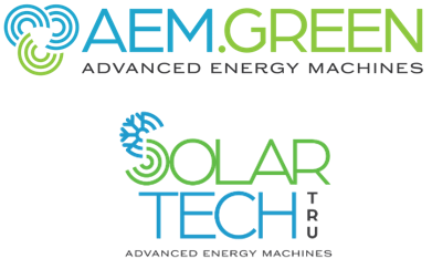 Advanced Energy Machines AEM.GREEN and SolarTechTRU logos for PFG Press Release about Earth Day Carbon-Reduction Showcase Event