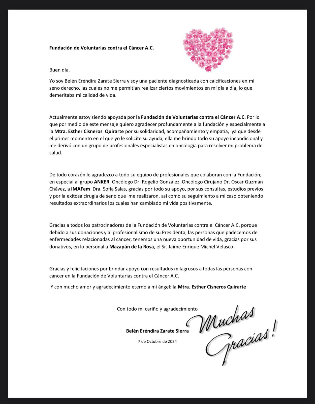 Carta testimonial Belén Eréndira del programa de reconstrucción de seno
