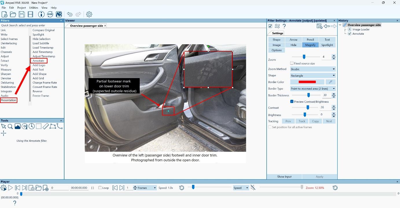 Screenshot of Amped FIVE software displaying an annotated forensic image of a vehicle’s left passenger side door and footwell. A partial footwear mark on the lower door trim is highlighted with a red rectangle and magnified for clarity. The software's annotation tools and settings panel are visible, showing options for zoom, contrast, and border customization. Screenshot of Amped FIVE software displaying an annotated forensic image of a vehicle’s left passenger side door and footwell. A partial footwear mark on the lower door trim is highlighted with a red rectangle and magnified for clarity. The software's annotation tools and settings panel are visible, showing options for zoom, contrast, and border customization.