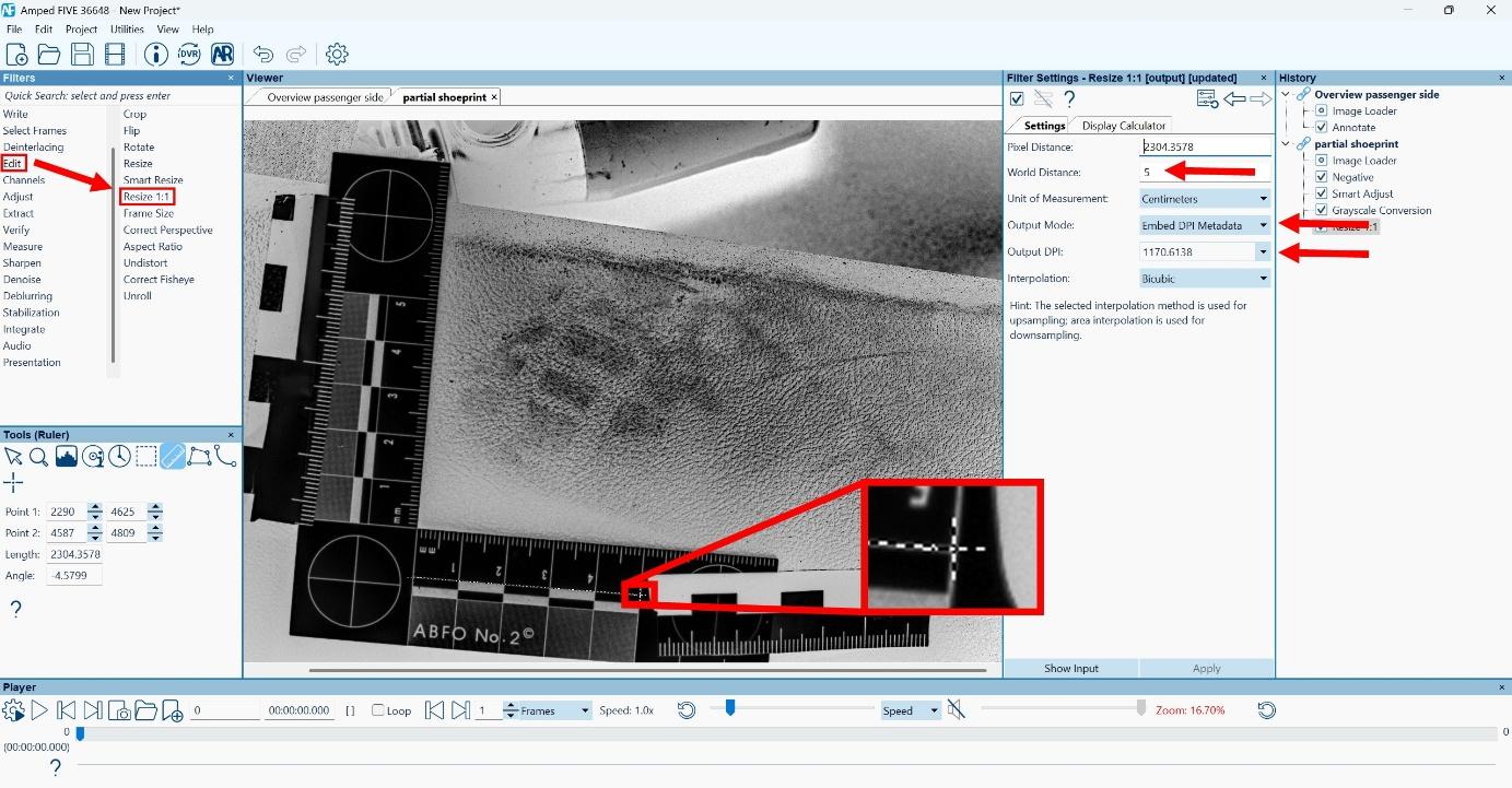 Screenshot of the Amped FIVE interface demonstrating the application of the “Resize 1:1” filter under the “Edit” menu to scale an image to life-size dimensions using a forensic measurement scale. The main image displays a partial shoeprint on a textured surface with an ABFO No. 2 scale, while red arrows highlight the filter panel inputs for World Distance, Output Mode and DPI Output. An inset zoom on the image magnifies a measurement point for precise calibration. Screenshot of the Amped FIVE interface demonstrating the application of the “Resize 1:1” filter under the “Edit” menu to scale an image to life-size dimensions using a forensic measurement scale. The main image displays a partial shoeprint on a textured surface with an ABFO No. 2 scale, while red arrows highlight the filter panel inputs for World Distance, Output Mode and DPI Output. An inset zoom on the image magnifies a measurement point for precise calibration.