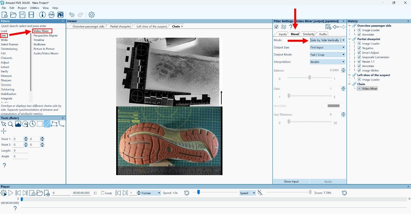 Screenshot of Amped FIVE software showing a forensic comparison setup using the "Video Mixer" filter in "Side-by-Side Vertically" mode. The top image displays a negative view of a partial footwear impression with forensic measurement scales. The bottom image shows the sole of a suspect's left shoe placed on a green cutting mat. Red arrow on the left side of the interface highlights the selected Video Mixer filter from the Link group, and on the right side of the interface red arrows highlight the Blend tab and "Side by Side Vertically" Mode under the Video Mixer filter settings. Screenshot of Amped FIVE software showing a forensic comparison setup using the "Video Mixer" filter in "Side-by-Side Vertically" mode. The top image displays a negative view of a partial footwear impression with forensic measurement scales. The bottom image shows the sole of a suspect's left shoe placed on a green cutting mat. Red arrow on the left side of the interface highlights the selected Video Mixer filter from the Link group, and on the right side of the interface red arrows highlight the Blend tab and "Side by Side Vertically" Mode under the Video Mixer filter settings.