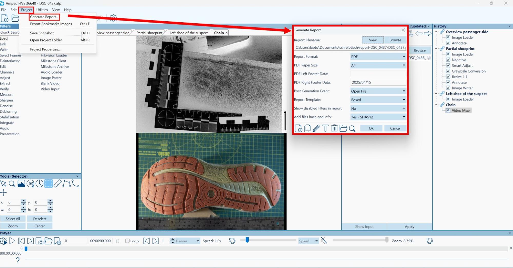 Screenshot of Amped FIVE forensic software displaying the "Generate Report" function under the "Project" menu. The highlighted pop-up window shows report configuration options including file path, format (PDF), paper size (A4), footer settings, post-generation actions, and SHA512 hash inclusion. The central viewer displays a vertical side-by-side comparison of a partial footwear impression and the outsole of a suspect's shoe. Red arrow emphasizes the report generation process and settings panel. Screenshot of Amped FIVE forensic software displaying the "Generate Report" function under the "Project" menu. The highlighted pop-up window shows report configuration options including file path, format (PDF), paper size (A4), footer settings, post-generation actions, and SHA512 hash inclusion. The central viewer displays a vertical side-by-side comparison of a partial footwear impression and the outsole of a suspect's shoe. Red arrow emphasizes the report generation process and settings panel.
