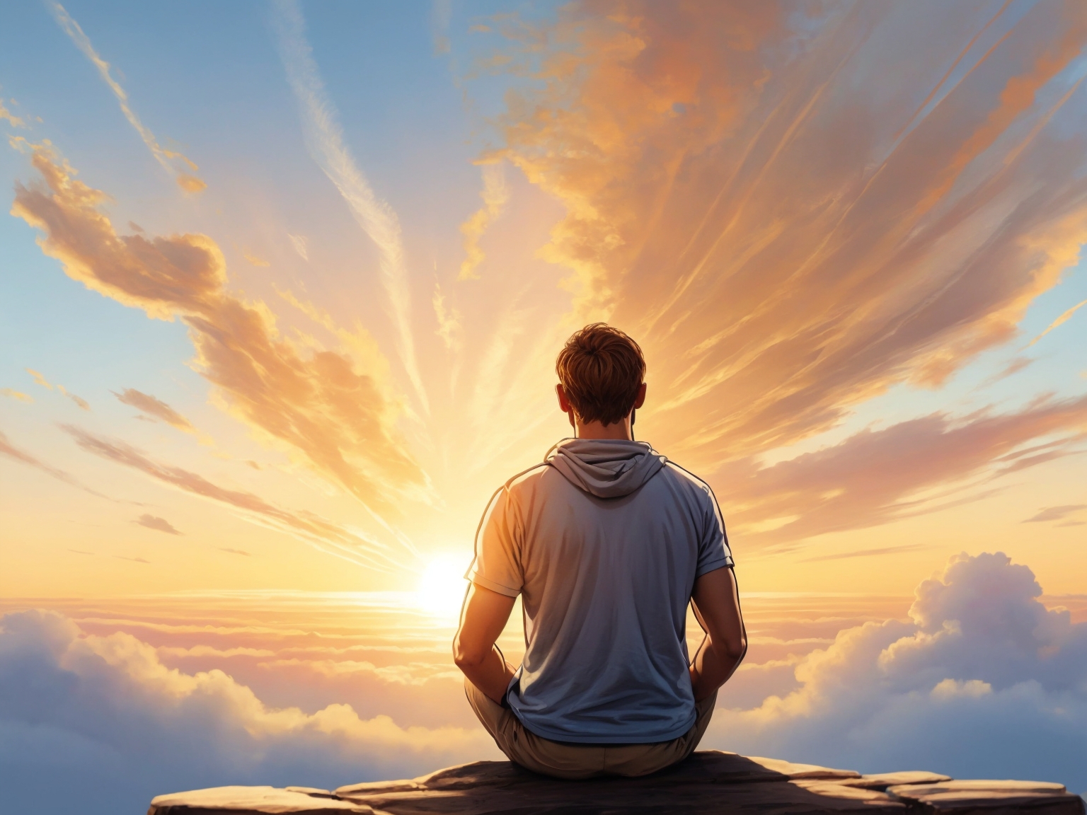 A self-development coach meditating atop a cliff, embracing the serene sunset amidst clouds.