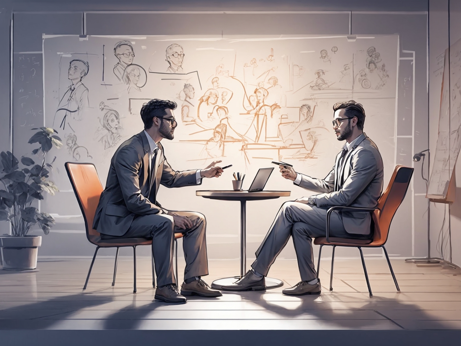 Two self-development coaches engaged in a deep discussion, surrounded by brainstorming sketches that depict personal growth and transformation.