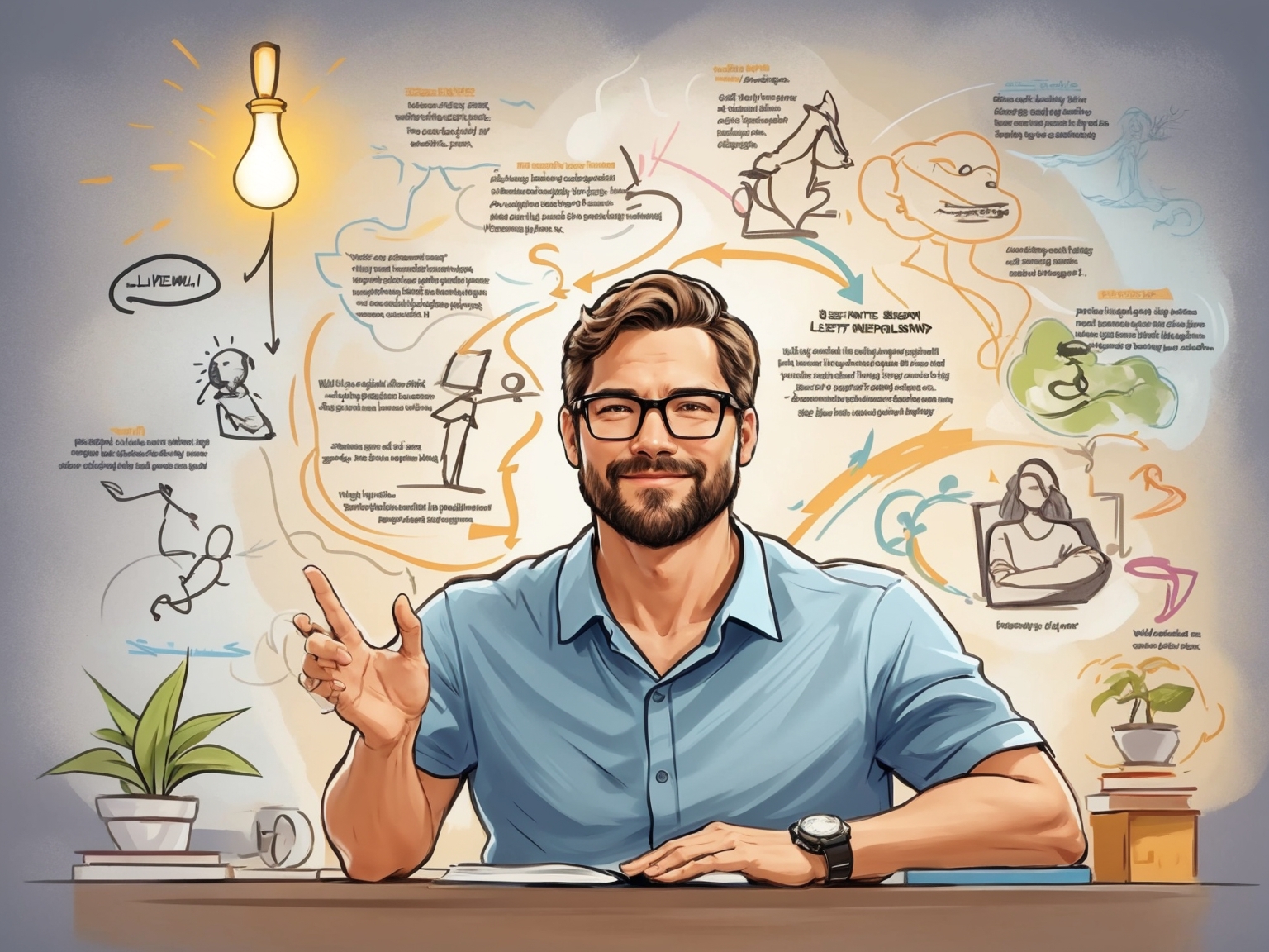 A knowledgeable self-development coach at his desk, passionately sharing insights. The space around him bursts with creative illustrations symbolizing ideas, growth, and enlightenment, showcasing his holistic approach to personal growth and well-being.