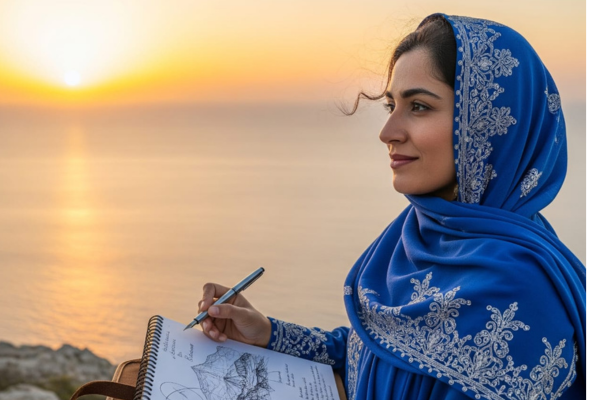 امرأة عربية تنظر إلى الأفق بإشراقة أمل، ترمز للنمو الشخصي والطموح، مع خلفية ضوء الشمس كرمز للفرص المستقبلية