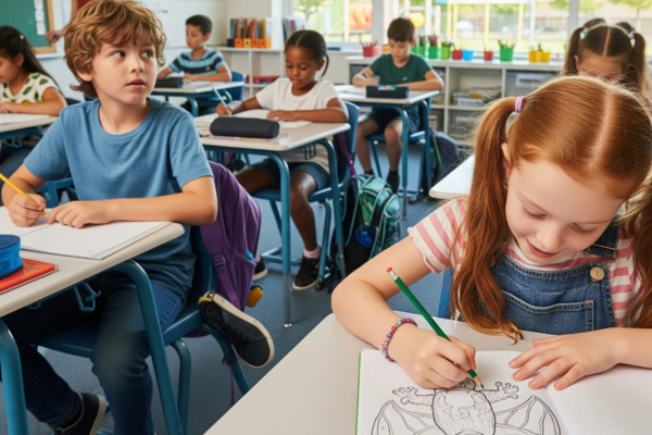 طفل في الفصل الدراسي يبدو مشتتًا بالأفكار، يرمز إلى الفرق بين اضطراب فرط الحركة وتشتت الانتباه ومتلازمة العقل الواسع.