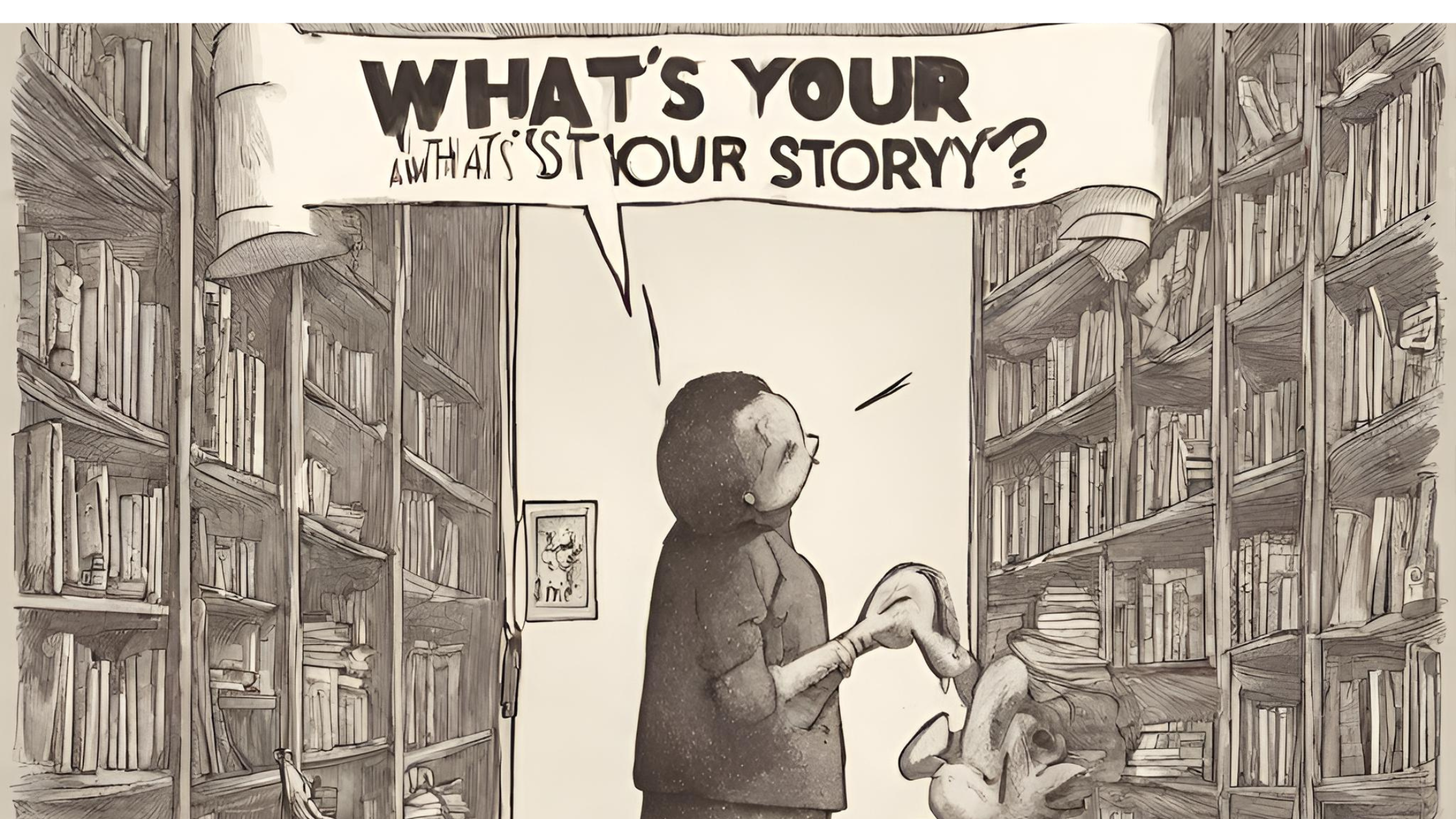 IMAGE THAT SAYS WHAT'S YOUR STORY WITH A PERSON IN A LIBRARY