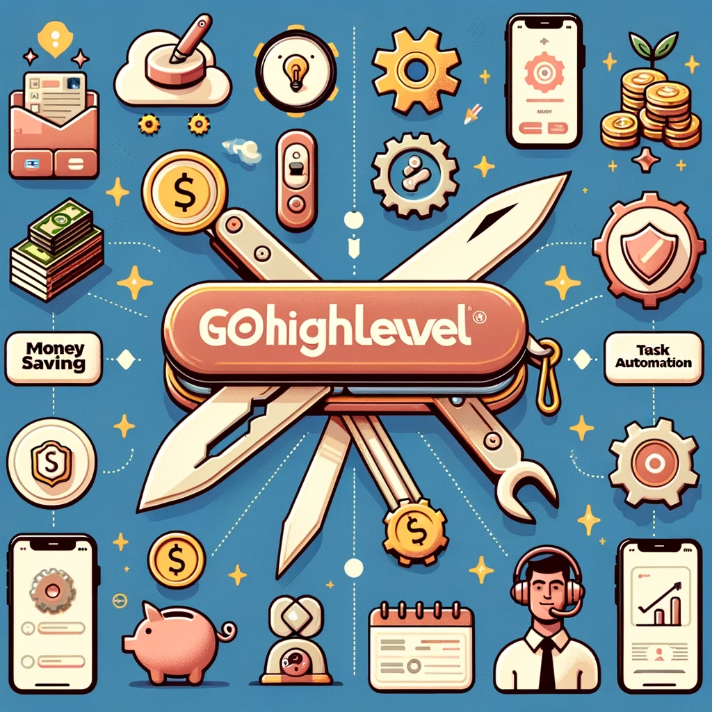 The name GoHighLevel written across a swiss army knife with several incons surrounding the knife of key features