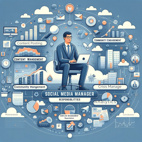 Visual representation of the Social Media Manager's duties, showcasing aspects like content management, community engagement, and analytics monitoring, illustrated with dynamic graphics and symbols.