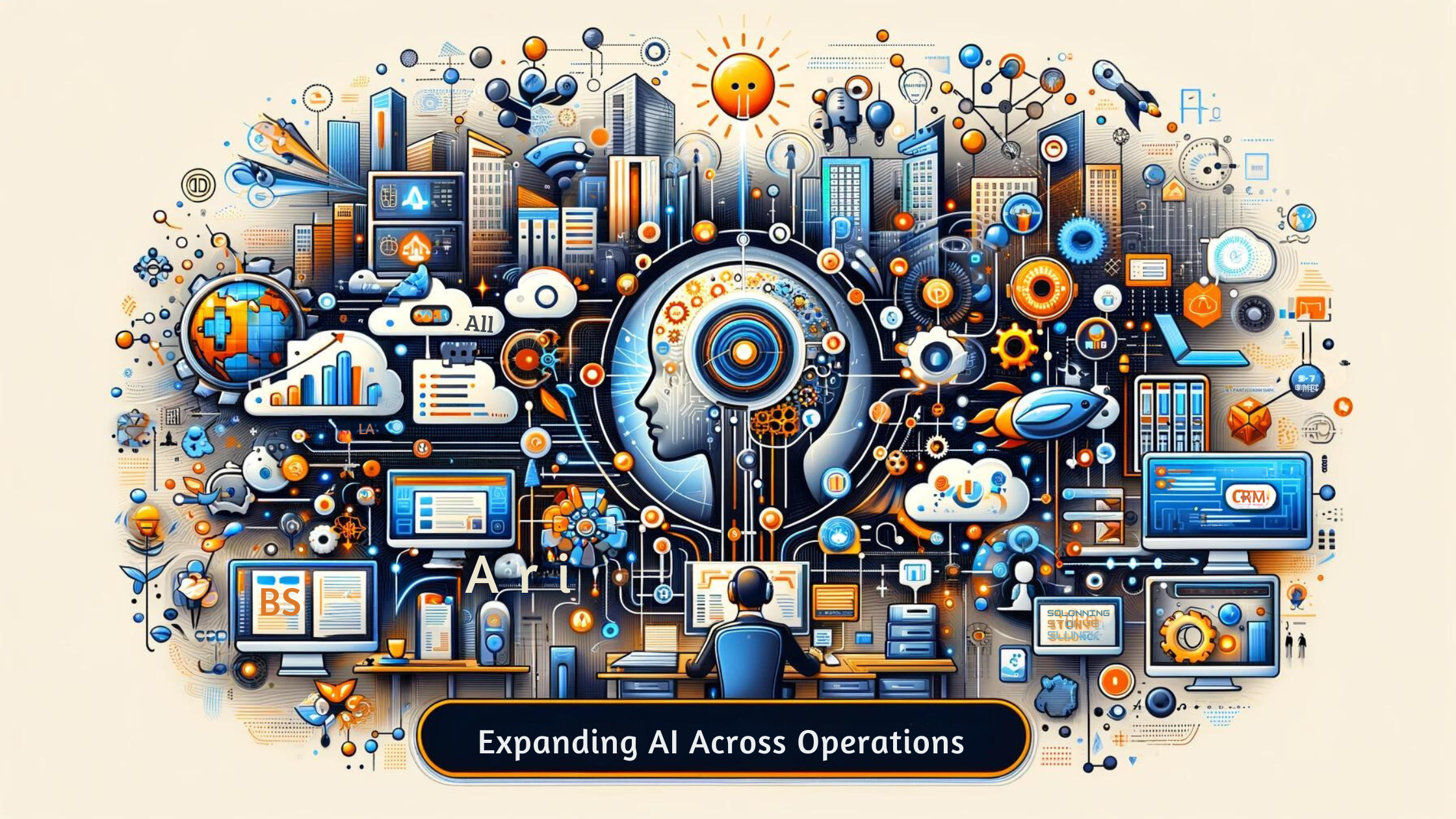 Alt Text for the Second Banner Image: "Blog banner depicting the integration of AI in business operations, with elements like digital networks, AI chatbots, automated tools, and CRM software visuals. This composition highlights how AI technologies are being adopted across customer service, sales, and scheduling to foster a productive and technologically advanced business landscape. The design uses a tech-inspired color palette to emphasize the transformative impact of AI on business efficiency and innovation."