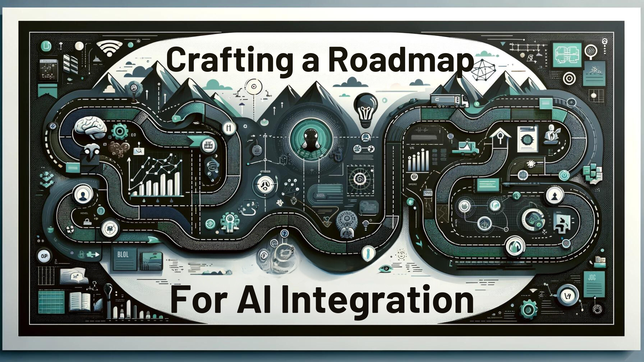 Alt Text for the Second Banner Image: "Blog banner illustrating a strategic roadmap for AI integration within various business operations. It visualizes a phased approach with a clear path marked by milestones, strategy icons, and planning elements like charts and graphs. Additional visuals represent cross-functional teamwork and the foundational aspects of data infrastructure and ethics in AI deployment. The design conveys a sense of progress, direction, and thoughtful planning, supported by a color palette that emphasizes professionalism and innovation."