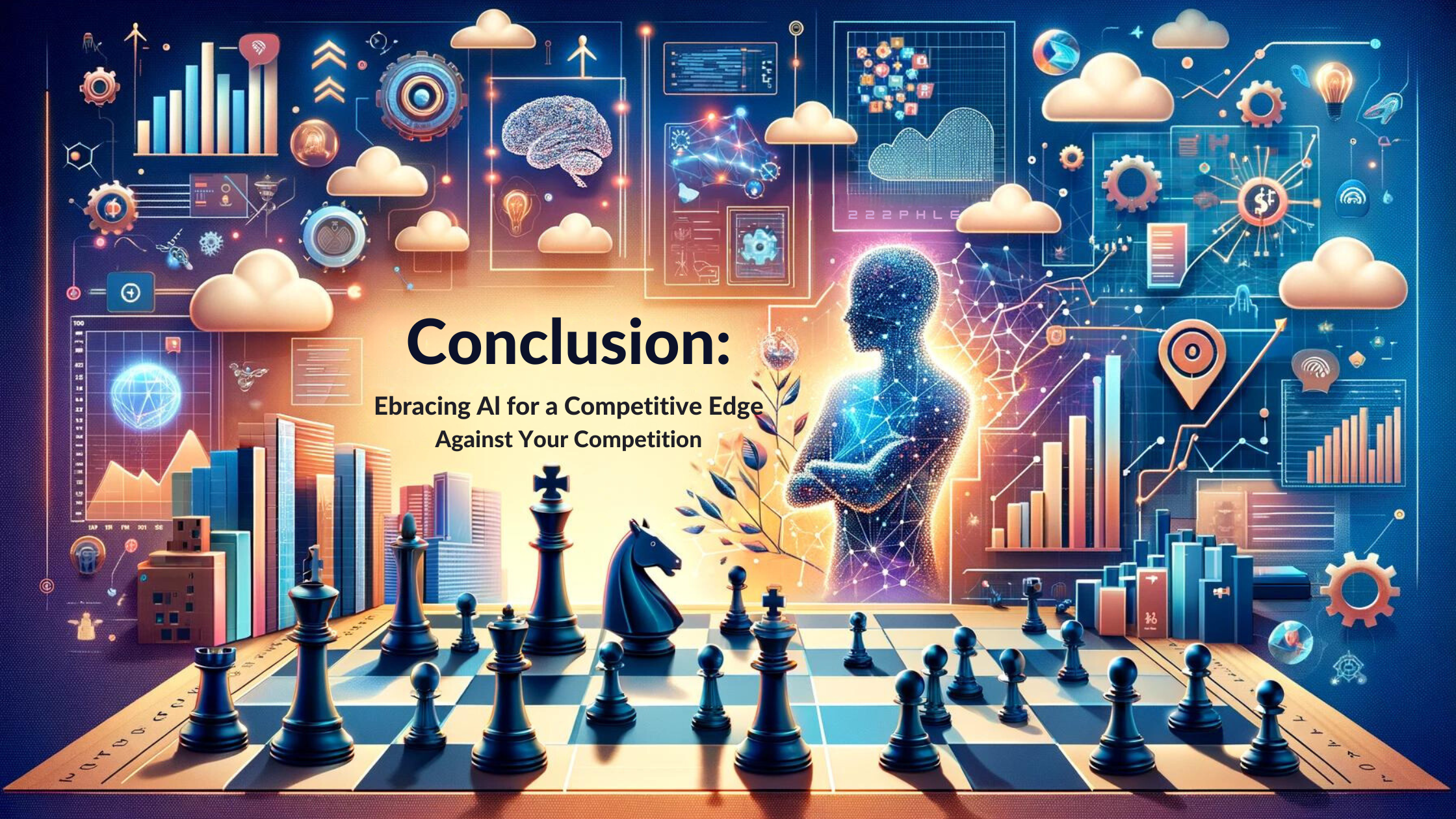 Alt Text for the First Banner Image: "Wide banner image for a blog, themed 'Conclusion: Embracing AI for a Competitive Edge'. The design features a chess board with AI and human figures, symbolizing the strategic interaction between technology and human decision-making in business. Icons of digital transformation and upward-trending graphs represent the growth and innovation achieved through AI adoption. The overall imagery conveys a message of forward-thinking and the pursuit of a competitive advantage through AI, with a dynamic color scheme that reflects technology and progress."