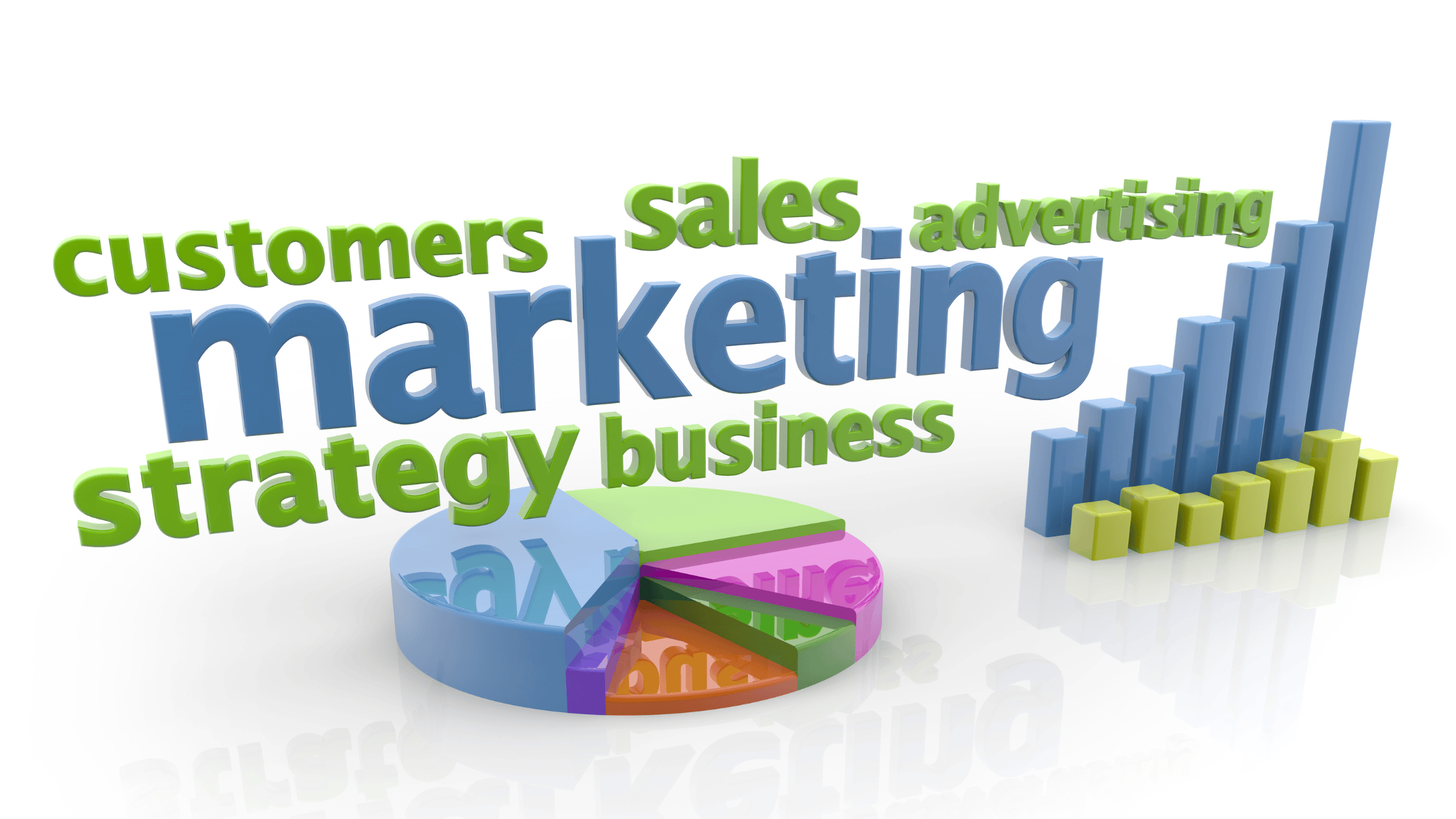 Marketing words - customers, sales, advertising, marketing, strategy, business writen with a small bar to indicate success