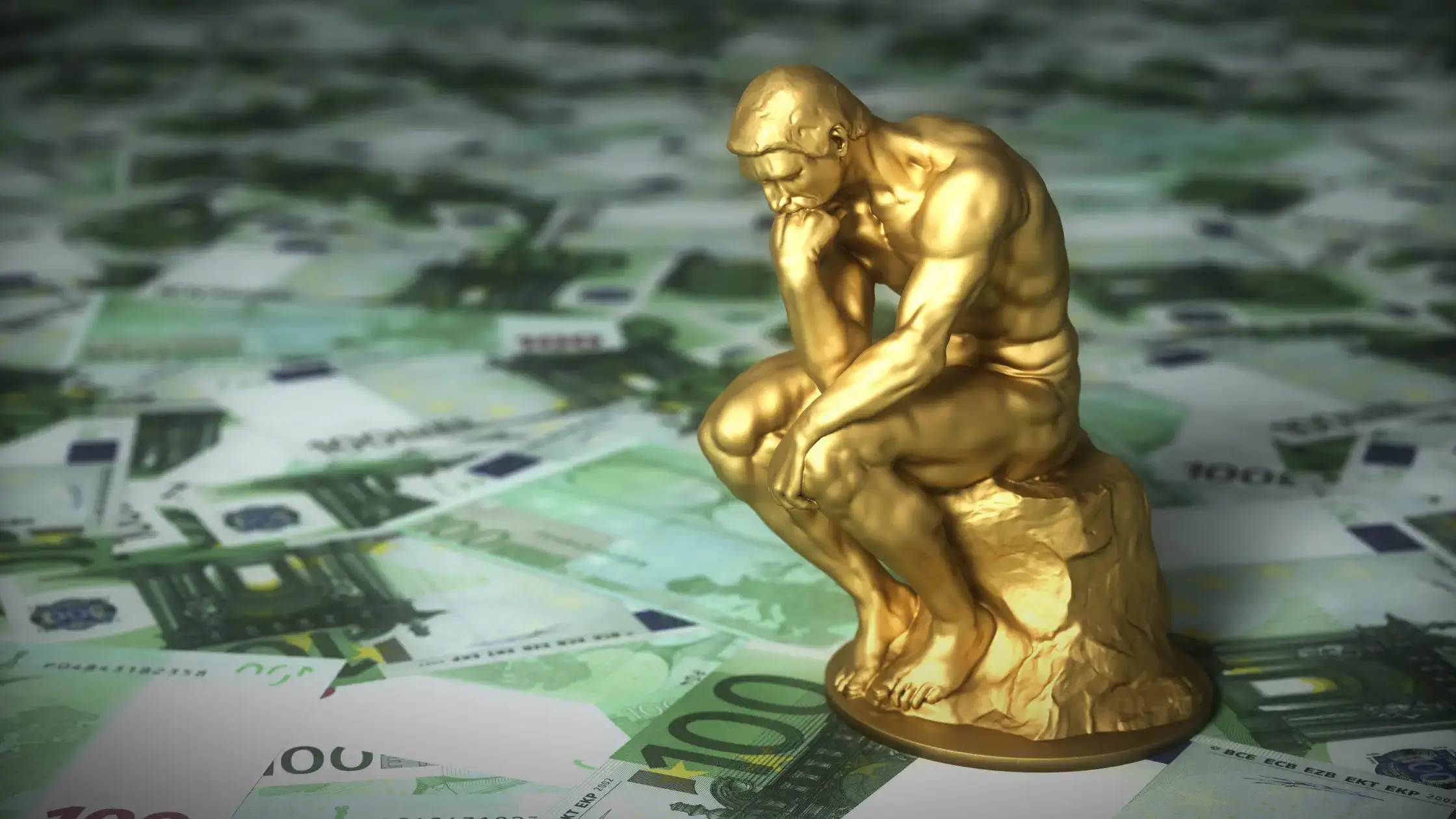 Gold statue man sitting hunched over thinking